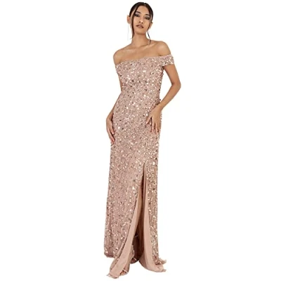 Image of Maya Deluxe Women&#039;s Ladies Maxi With Slit Split Bardot Sleevless Sequin Embellishment Evening Gown for Wedding Gue Dress, Taupe Blush, 14 UK