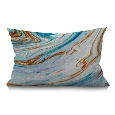 Image of BGBDEIA Cushion Cover Marble Pattern Blue Golden White Color Abstract Ocean Art Rectangular Throw Pillow for Couch Sofa Home Decor Cotton Linen 12x20 Inch 30 x 50 cm