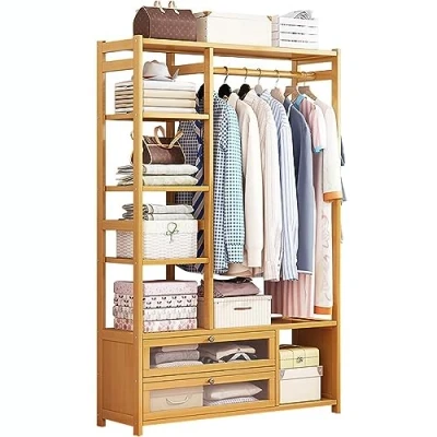 Image of Bamboo Clothes Rack, Garment Rack Stand Rail with 4 Tier Storage Shelf and Hanging Rod, Open Bedroom Wardrobes for Storage, Living Room L:68/100CM
