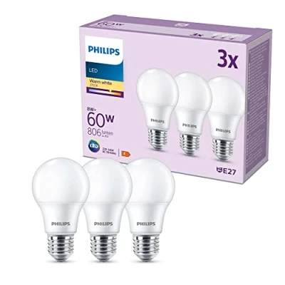 Image of PHILIPS LED Frosted A60 Light Bulb 3 Pack [Warm White 2700K E27 Edison Screw] 60W, Non Dimmable. for Home Indoor Lighting