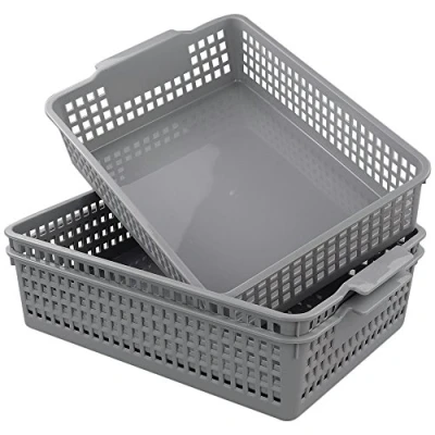 Image of Bblina A4 Plastic Storage Basket, 3 Pack Shallow Trays, Grey