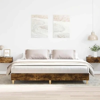 Image of vidaXL Bed Frame in Smoked Oak Finish Engineered Wood and Solid Eucalyptus Support For Double Mattress Size 160x200 cm
