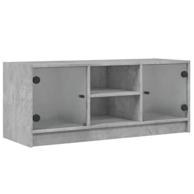 Image of vidaXL TV Cabinet with Glass Doors Concrete Grey Engineered Wood Media Unit 102x37x42 cm for Living Room Modern Entertainment Center