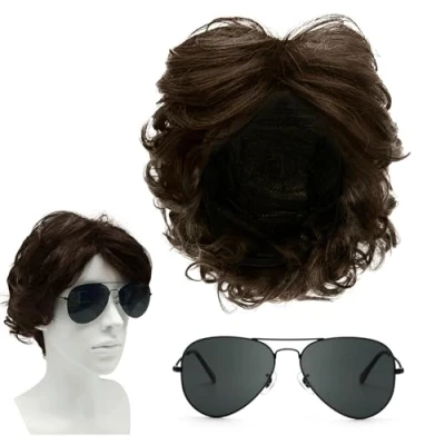 Image of SKHAOVS 2Pcs Mens Wigs with Sunglasses 70s 80s Disco Short Curly Layered Wig Dude Handsome Men&#039;s Daily Punk Rock Cosplay Carnival Halloween Character Costume (Brown 2)