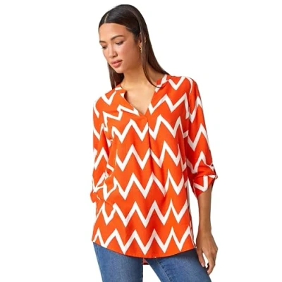 Image of Roman Originals Pleat Front Top for Women UK Ladies Pleated Shirt Notch V Neck Blouse Summer Tunic Spring Pull On Comfy Soft Evening Holiday Vacation Work Party Everyday Orange &amp; White Size 20