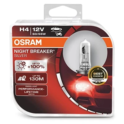 Image of OSRAM NIGHT BREAKER SILVER H4, +100% more brightness, halogen headlamp, 64193NBS HCB, 12V, passenger car, duo box (2 lamps)