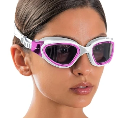 Image of AqtivAqua Swimming Goggles Adult and Kids 6 14 Men Women Swim Childrens Boys Girls Polarized DX P (Metallic Pink, Red case, Polarised lens)
