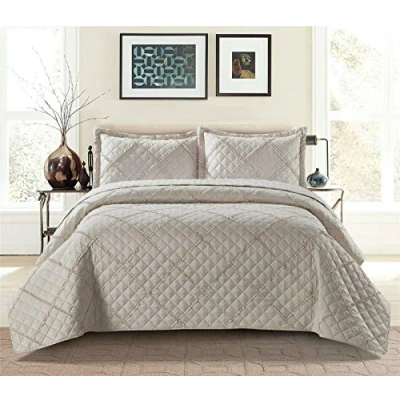 Image of Luxury Quilted Solid Colour Bedspread Ruffle Embossed Comforter with Pillow Case Bedding Set (Mink, Super King)