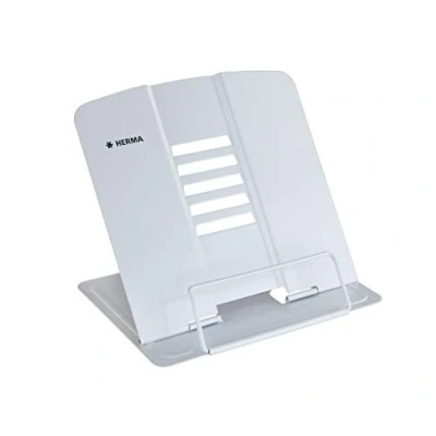 Image of HERMA Metal Book Stand (19.8 x 22.2 3.3 cm Folded) Adjustable Anti Slip Cookbook Holder for Kitchen, School and Office, Reading Rest Kids, White