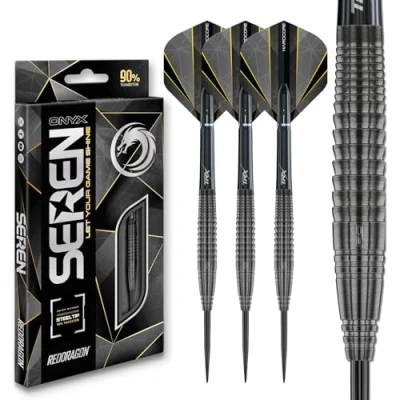 Image of RED DRAGON Darts Seren Onyx 4 25g 90% Tungsten Professional Steel tip Set with Dart Flights and Shafts (Stems)