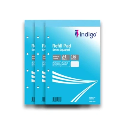 Image of indigo® A4 Refill Pad 160 Pages Headbound Perforated Punched Hole (5mm Squares, Pack 3)