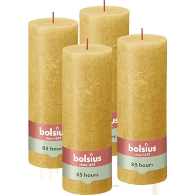 Image of Bolsius Rustic Pillar Candle Yellow Pack of 4 Long Burning Time 85 Hours Household Interior Decoration Unscented Natural Vegan Wax No Palm Oil 19 x 7 cm
