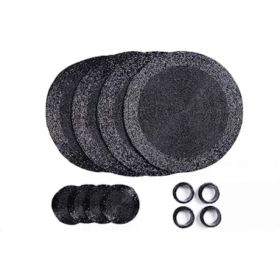 Image of Penguin Home Handcrafted Glass Beaded Round Placemats, Coasters &amp; Napkin Rings Set of 12 Handmade Table Place Mats for Dining 32 cm (13&quot;) Diameter (Black)