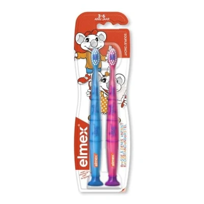 Image of Elmex 2 Soft Toothbrushes 3 6 Years Old Green and Pink