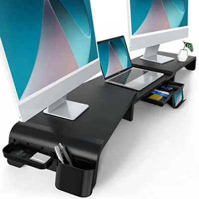 Image of Fenge Dual Monitor Stand 119cm Large Computer Riser with Removable Slot Drawer, 3 Shelf Length and Angle Adjustable, Tablet Phone Holder, Desk Organizer, Black