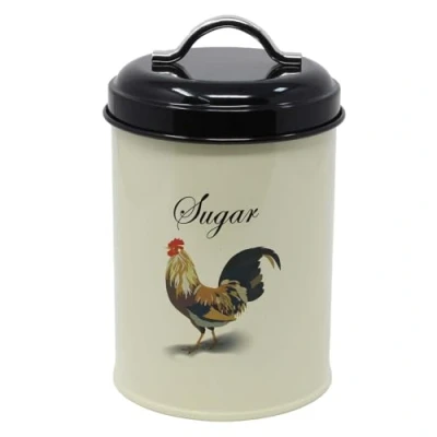 Image of Monsoon Airtight Sugar Canister Cockerel Hen Cream &amp; Black Barrel Storage Round Metal Caddy Individual Jar Kitchen Container Tin Vintage (Sugar)
