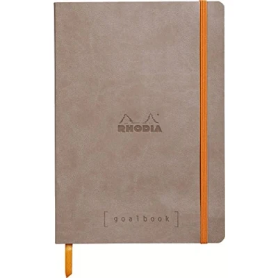 Image of RHODIA 117764C Soft Notebook Bullet Journal Goalbook Taupe A5 Small Squares 240 pages 90g Ivory Clairefontaine Paper 2 Ribbons, Elastic Closure Faux Leather Cover