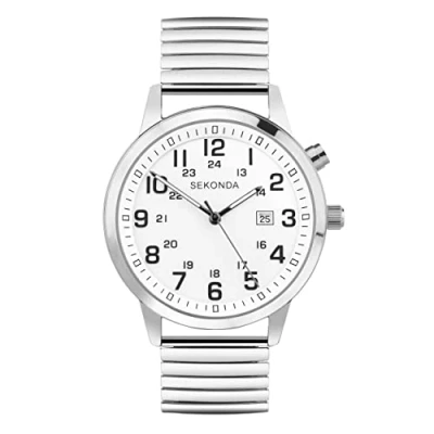 Image of Sekonda Easy Reader Mens 46mm Quartz Watch in White with Analogue Date Display, and Silver Stainless Steel Strap 30126