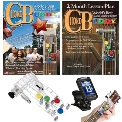Image of ChordBuddy Guitar Learning System, Teaching Aid with Lesson Plan, Songbook &amp; App Tuner, USA MADE Chord Buddy True Tune Chromatic Tuner Right Handed