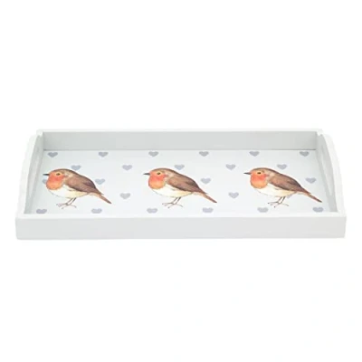 Image of Pretty Robin Redbreast Wooden Serving Tray Display Grey With Handles Drinks Kitchen Tea Coffee Snack Trays