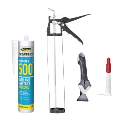 Image of Bathroom Sealant White Silicone Bundle: Everbuild Everflex 500 Bath and Sanitary 295ml, Skeleton Caulking Gun, Finishing Tool Nozzle cap.