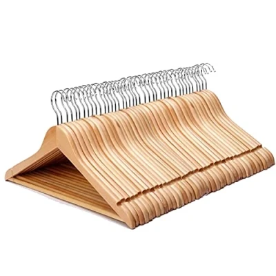 Image of Straame Strong Brown Premium Wooden Coat Hangers Made with Natural Wood and Non Slip Trouser Jacket Pants Bar Extra Smooth Finish Shoulder Notches (Pack of 40)