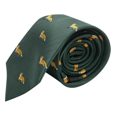 Image of King &amp; Priory Dark Green Herringbone Embroidered Fox Tie