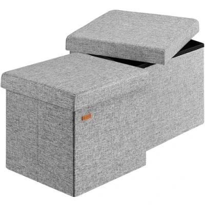 Image of CASARIA® 2x 40cm Square Foldable Stool with Storage Space Linen Removable Padded Lid 40x40cm Ottoman 40 Litre Capacity Chest Shoe Accessory Store Box Set of 2 Light Grey