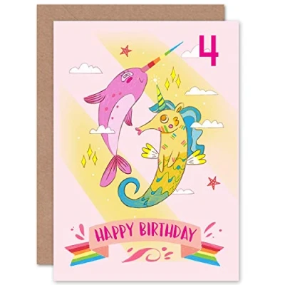 Image of Wee Blue Coo Unicorn Seahorse Narwhal 4th Birthday Greeting Card With Envelope Blank Inside Premium Quality