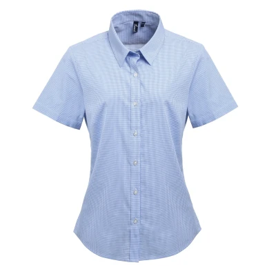 Image of Premier Womens/Ladies Microcheck Short Sleeve Cotton Shirt (Light Blue/White) Blue &amp; White Size Small