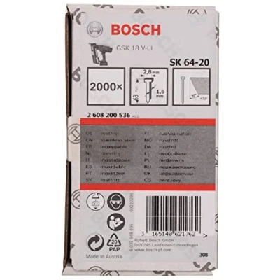Image of Bosch Professional 2000x Finish Nails SK64 20NR (1.6/16 g 20, 2.8x1.35x63 mm, Stainless Steel, Accessories for Nail Guns)