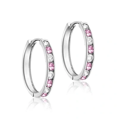 Image of Tuscany Silver Women&#039;s Sterling 1.8 mm Pink and White Cubic Zirconia Channel Set 17 Hoop Earrings