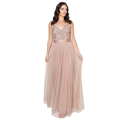Image of Maya Deluxe Women&#039;s Ladies Maxi Dress Long Length Wedding Guest Bridesmaid Prom Summer Evening Gown V Neck Straps Bow Tie, Taupe Blush, 16
