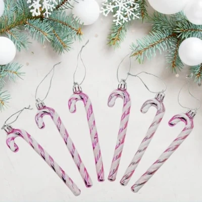 Image of Glitter Candy Cane Christmas Tree Hanging Decoration Bauble Xmas Ornament Pack of 6 13cm (Blush)
