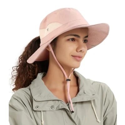 Image of Hat Hut Waterproof Satin Lined Sun for Women UV Protection Ponytail Wide Brim Beach Bucket Hiking Fishing (UK, Alpha, One Size, Pink)