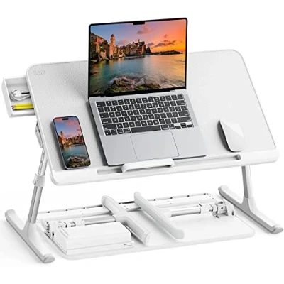 Image of Laptop Bed Table, SAIJI 100% Eco friendly wooden planks, Stand with Drawer, Folding Legs, 40kg Load, Angle Height Adjustable, Reading, Eating on Bed, Sofa (White 23.6 * 12.6in)