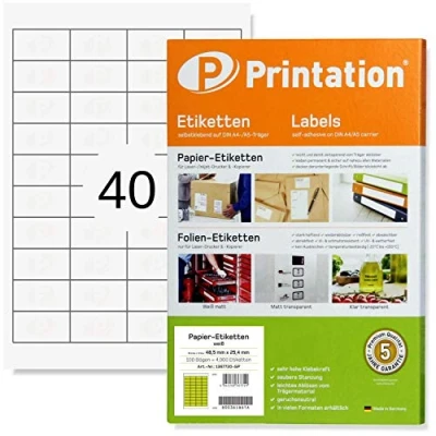 Image of Printation 4000 Address Labels Stickers 48.5 x 25.4 mm Sticky White on 100 A4 Sheets 4x10 40 Self Adhesive Multipurpose per Sheet 48.5x25.4 3657 4780 6126 4474 LA106