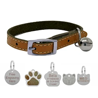 Image of Genuine Leather Cat Collar with Safety Elastic &amp; Bell Optional Personalised Engraved Tag (Brown, 22mm Face Tag)