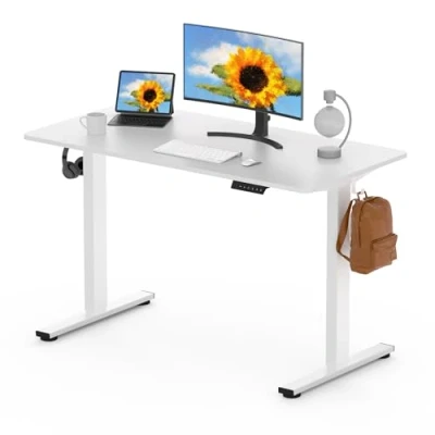 Image of FLEXISPOT ONE PIECE Electric Standing Desk Height Adjustable Sit Stand with 4 Memory Smart Pannel and Backpack Hook for Home Office, 120 x 60cm White