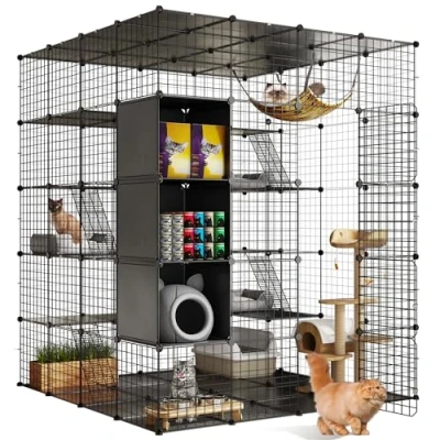 Image of YITAHOME 5 Tier Large Cat Cage Indoor &amp; Outdoor, 140x140x175cm DIY Enclosure with Hammock, 3 Doors Roof Window, Pet Playpen for 1 Cats/Rabbits (Includes Storage Cube Floor Mat)