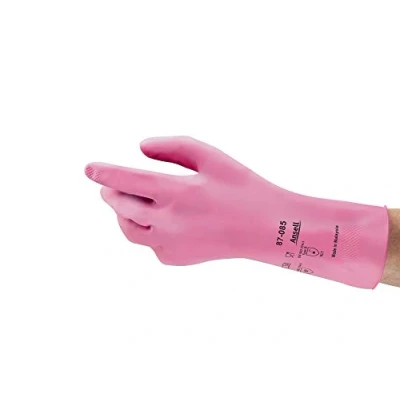 Image of Ansell AlphaTec 87 085 Multipurpose Latex Gloves with Long Cuff, Chemical Protection and Food Safety, Reusable Kitchen Gloves, Household Cleaning Dishwashing, Pink, Size XL (12 Pairs)