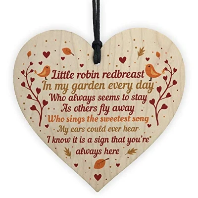 Image of RED OCEAN Memorial Robin Sign Christmas Bauble Handmade Wooden Heart In Memory Plaque Mum Dad Nan Keepsake