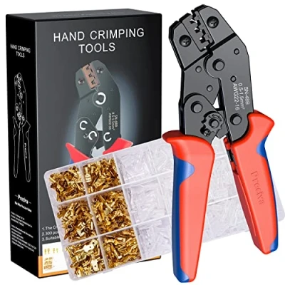 Image of Crimping Tool Kit for Spade Connectors, Preciva Ratchet Cable Crimper Plier 0.5 1.5mm²/AWG22 16, Electrical Flat Receptacles Plier, Wire with 600pcs Brass Lug Set(Crimping Set)
