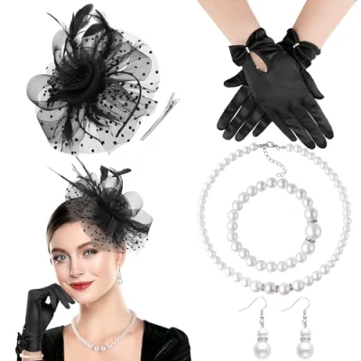 Image of DRESHOW Fascinators Hat for Women Veil Mesh Tea Party Headwear Feather Derby Pillbox and Gloves Pearl Jewelry Set Cocktail 1920s