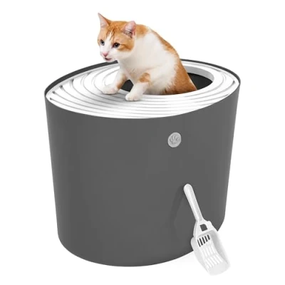 Image of Iris Ohyama Cat Litter Box with Scoop, Up to 7kg, Gray, Top Entry, Tray, Enclosed, For Kitten, High Sided, Hooded, Large, Jumbo, BPA Free, Deep, Easy Clean, PUNT 530