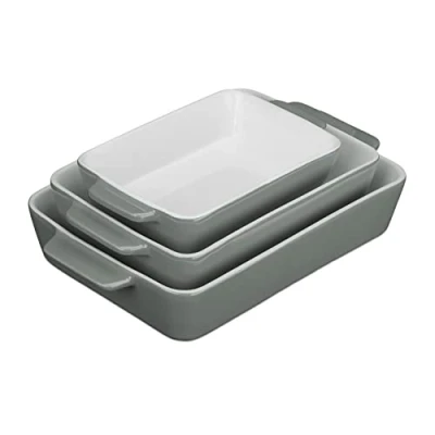 Image of Relaxdays Set of Casserole Dishes in 3 Sizes, Rectangular, for Lasagna, Roast, Tiramisu, Ceramic Oven Form, Grey/White