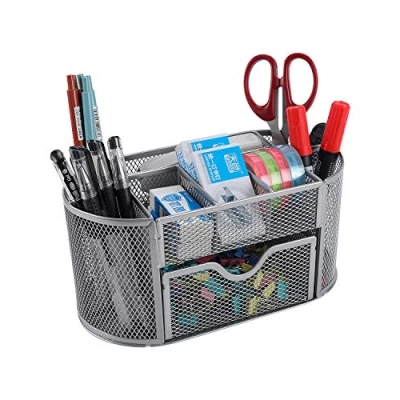 Image of EasyPAG Office Mesh Desk Tidy Versatile Stationery Storage Desktop Organiser Pen Holder with Drawer,Silver