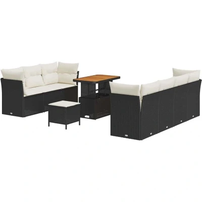 Image of vidaXL 10 Piece Garden Sofa Set with Cushions Black Poly Rattan Acacia