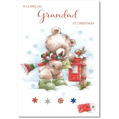 Image of doodlecards Grandad Christmas Card Cute Bear at Post Box Medium Size for with Plain Envelope