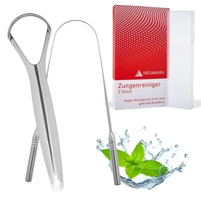 Image of NEUMANN® Tongue Cleaner Stainless Steel Pack of 2 for Adults and Children Scraper Against Bad Breath